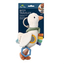 Developmental sensory toy, a plush white duck with a mirror, textured tags, and a teething ring. Suitable for babies.