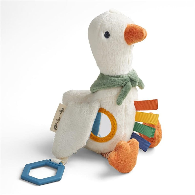 Soft plush duck toy with colorful tags and a teething ring, designed for babies to engage and explore.