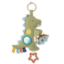 Soft dinosaur toy with a mirror, colorful tags, and a smaller dinosaur attachment, designed for infants.