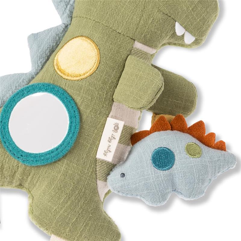 Plush dinosaur toy set featuring a green T-Rex with embroidered details and a smaller light blue dinosaur.