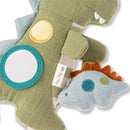 Plush dinosaur toy set featuring a green T-Rex with embroidered details and a smaller light blue dinosaur.