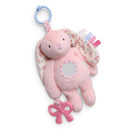 Pink bunny sensory toy with soft fabric, patterned ears, a teething ring, and vibrant tags for tactile exploration.