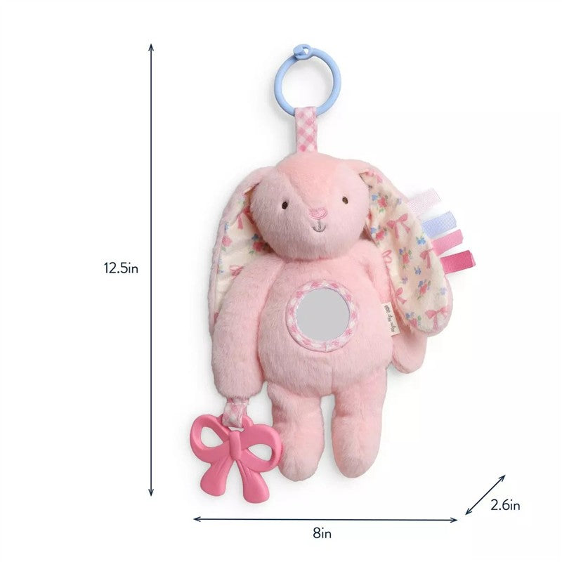 Pink bunny sensory developmental toy with a plastic teether, textured fabric, and colorful tags, measuring 12.5 inches tall.