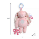 Pink bunny sensory developmental toy with a plastic teether, textured fabric, and colorful tags, measuring 12.5 inches tall.
