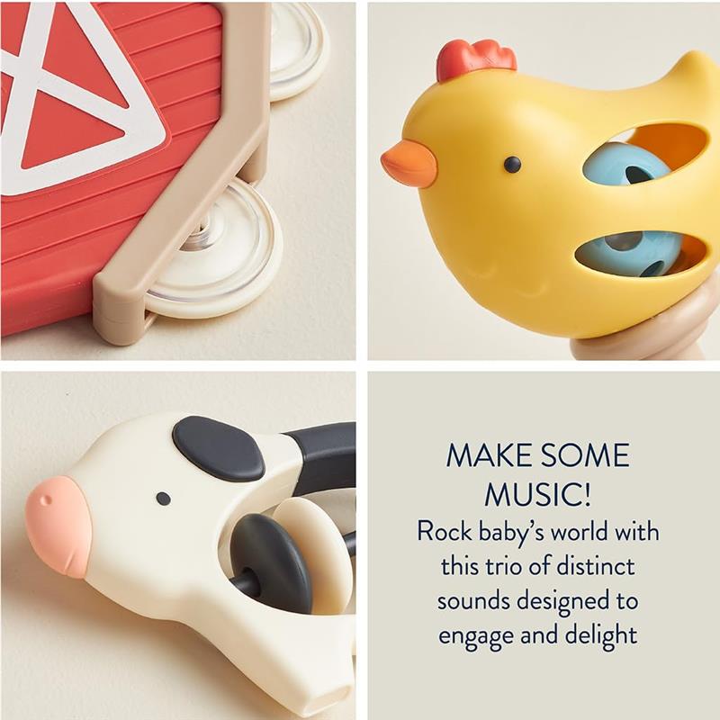 Gift set featuring a red barn toy, yellow chicken rattle, and cow maraca, designed to engage and delight babies.