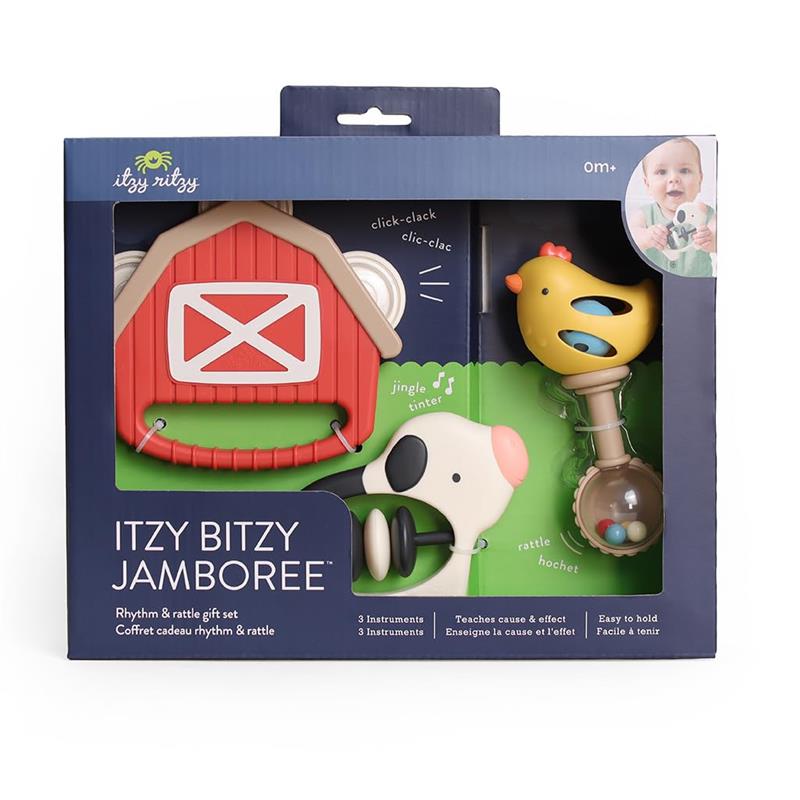 Itzy Ritzy Bjamboree Rhythm & Rattle Gift Set featuring a barn-shaped toy, a cow rattle, and a chicken shaker. Suitable for infants.