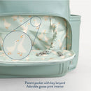 Backpack diaper bag featuring a mint green exterior, a parent pocket with a key lanyard, and an adorable goose print interior.