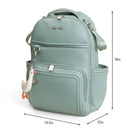 Mint green Itzy Ritzy Boss Plus™ Backpack Diaper Bag with duck charm, measuring 18in tall and 14.5in wide.
