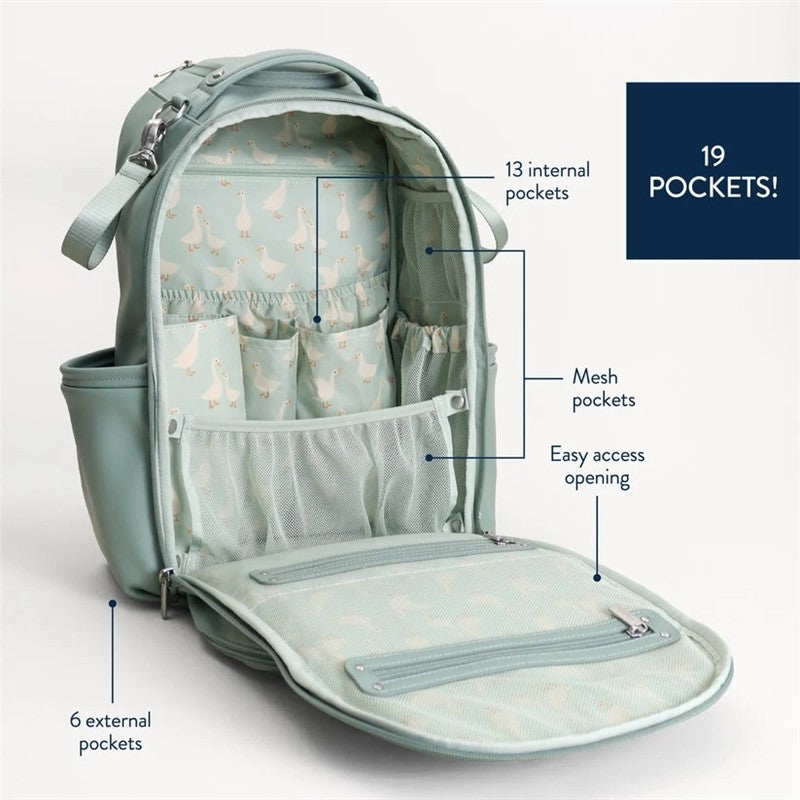 Light blue backpack diaper bag with a duck pattern interior, featuring 19 pockets including 13 internal and 6 external.