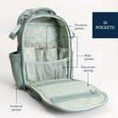 Light blue backpack diaper bag with a duck pattern interior, featuring 19 pockets including 13 internal and 6 external.