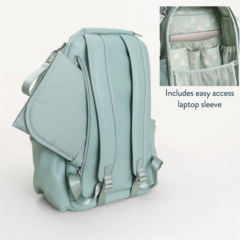 Light blue Itzy Ritzy Boss Plus™ Backpack Diaper Bag with an external pocket and laptop sleeve, featuring a soft interior.