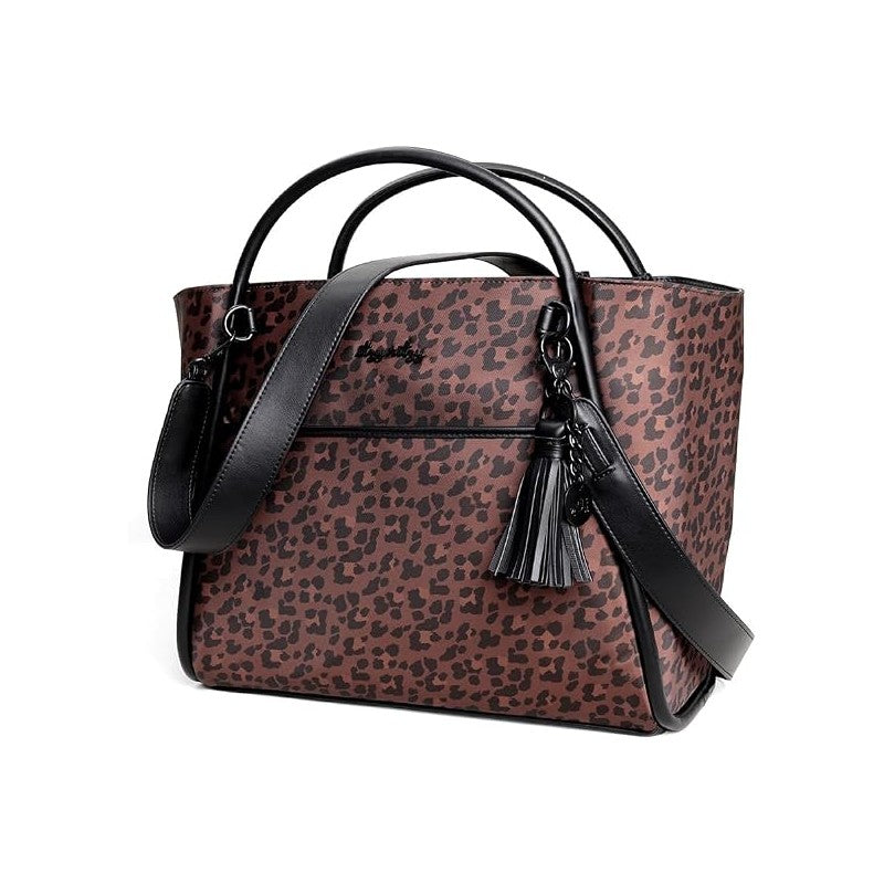 Leopard print Itzy Ritzy Boss Tote Diaper Bag with black straps and a decorative tassel.