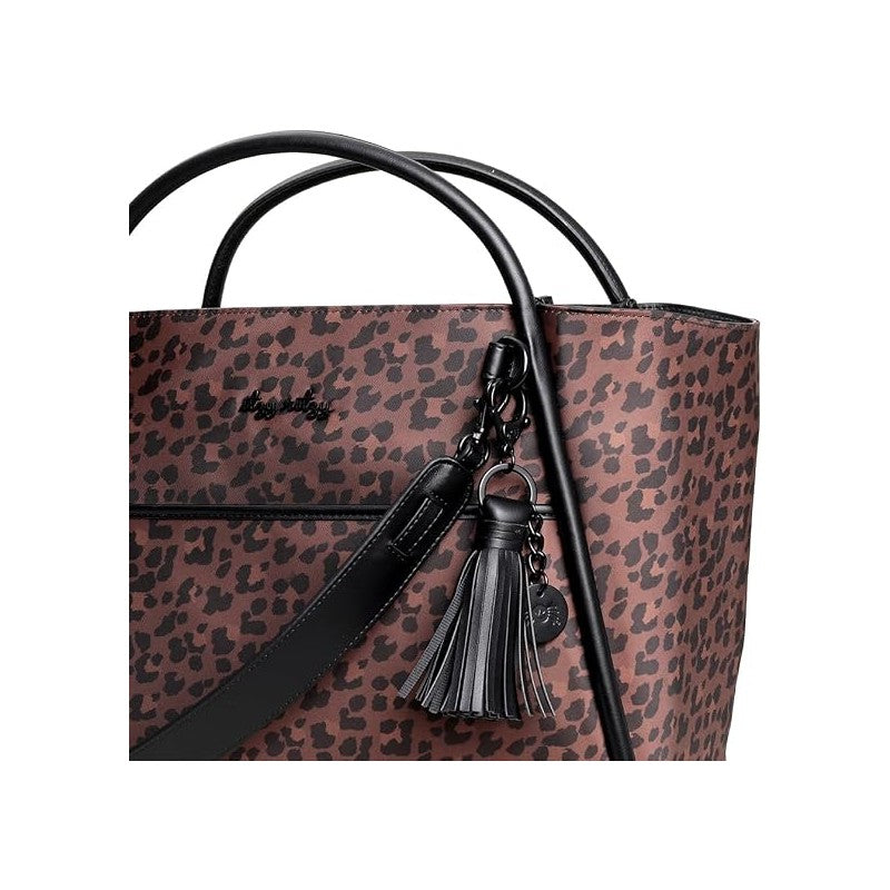 Itzy Ritzy Boss Tote Diaper Bag in leopard print, featuring black handles and a tassel keychain.