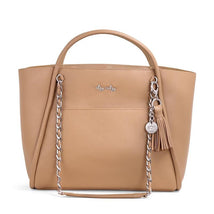 Chai Latte colored Itzy Ritzy Boss Tote™ Diaper Bag with a chain strap and tassel, featuring a silver logo.