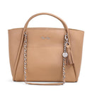 Chai Latte colored Itzy Ritzy Boss Tote™ Diaper Bag with a chain strap and tassel, featuring a silver logo.