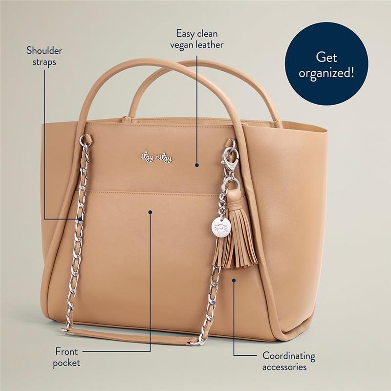 Chai Latte Boss Tote™ diaper bag by Itzy Ritzy, featuring shoulder straps, front pocket, and coordinating accessories.
