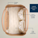 Diaper bag interior featuring a valuables pocket, large compartment, and internal pockets for changing essentials.