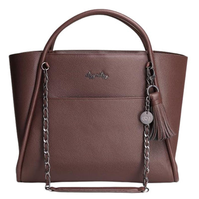 Brown faux leather Boss Tote™ diaper bag by Itzy Ritzy, featuring a logo, tassel, and chain handle.