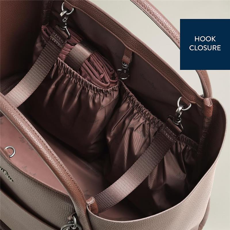Espresso Itzy Ritzy Boss Tote™ diaper bag interior showing compartments with elastic pouches and a hook closure detail.