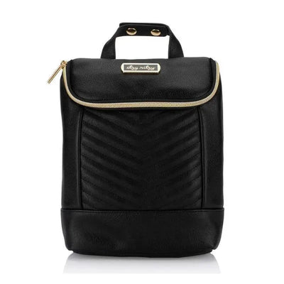 Black Itzy Ritzy Bottle Bag features a chevron design, gold zipper, and handle, perfect for carrying bottles.