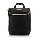 Black Itzy Ritzy Bottle Bag features a chevron design, gold zipper, and handle, perfect for carrying bottles.