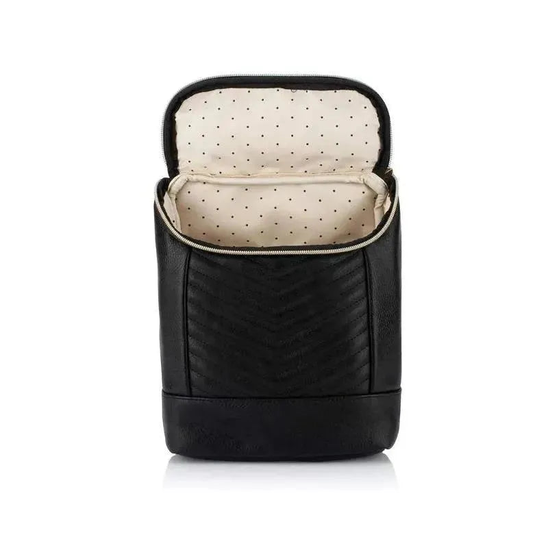 Chic black insulated bottle bag with a zippered opening and cream polka-dotted lining, perfect for transporting beverages.