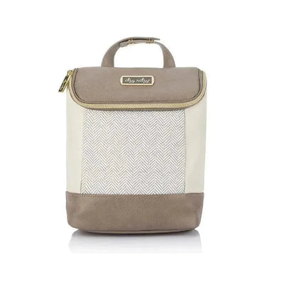 Chic and stylish Itzy Ritzy Bottle Bag in Vanilla Latte color features a herringbone pattern and a zip closure.