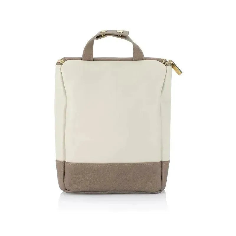 Vanilla latte-colored Itzy Ritzy Bottle Bag, features a cream upper and brown bottom, ideal for carrying baby bottles.