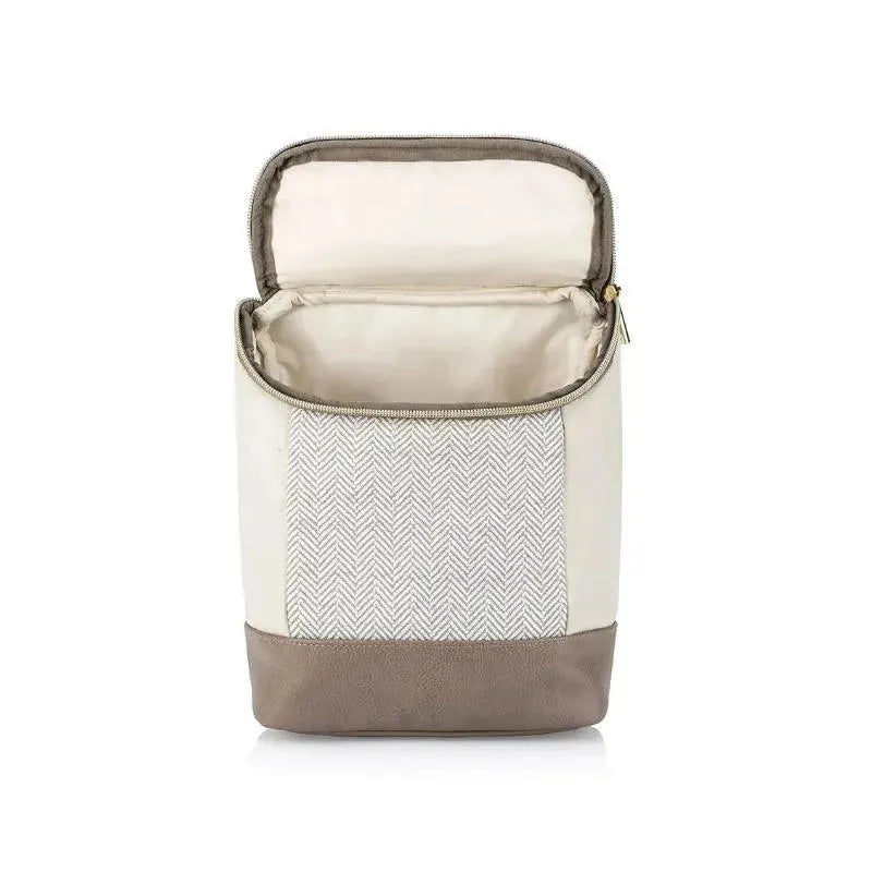 Chic vanilla latte bottle bag with herringbone design, zip closure, and insulated interior for keeping drinks cool.