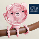 Pink bear-shaped stroller fan with adjustable attachment, designed for on-the-go use, featuring smiling face and three-speed settings.