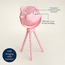 Pink bear-shaped stroller fan with a control button and USB Type-C port for recharging, on a beaded tripod stand.