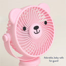 Pink bear-themed stroller fan with a baby-safe guard, featuring a smiling face design and adjustable stand.