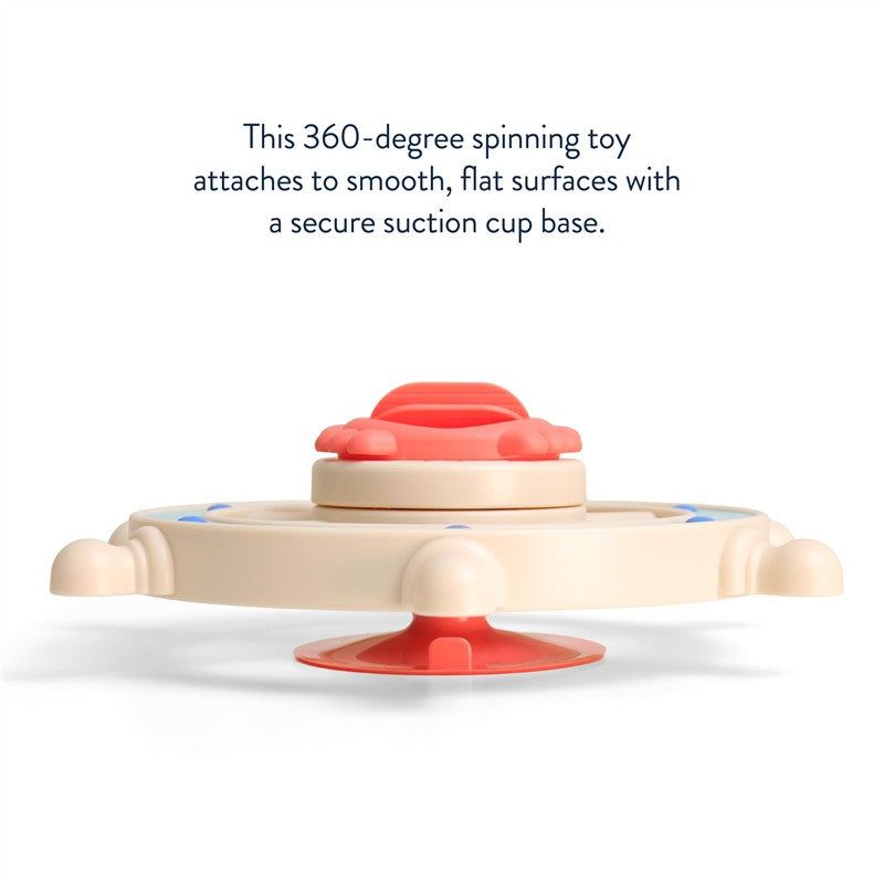 360-degree spinning bath toy with a crab design, featuring a secure suction cup base for attachment to smooth surfaces.