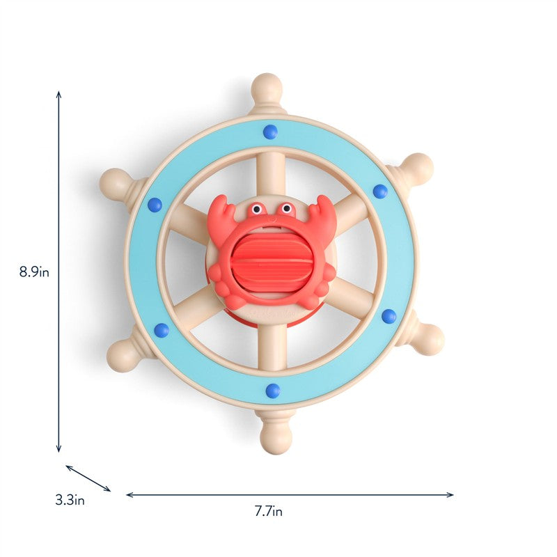 Brightly colored Itzy Ritzy Captain Bath Steering Wheel featuring a crab at the center, measuring 8.9x7.7 inches.