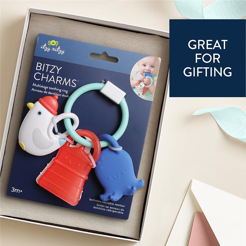 Multistage teething ring featuring a chicken, red bucket, and octopus charms on a light blue ring, packaged for gifting.
