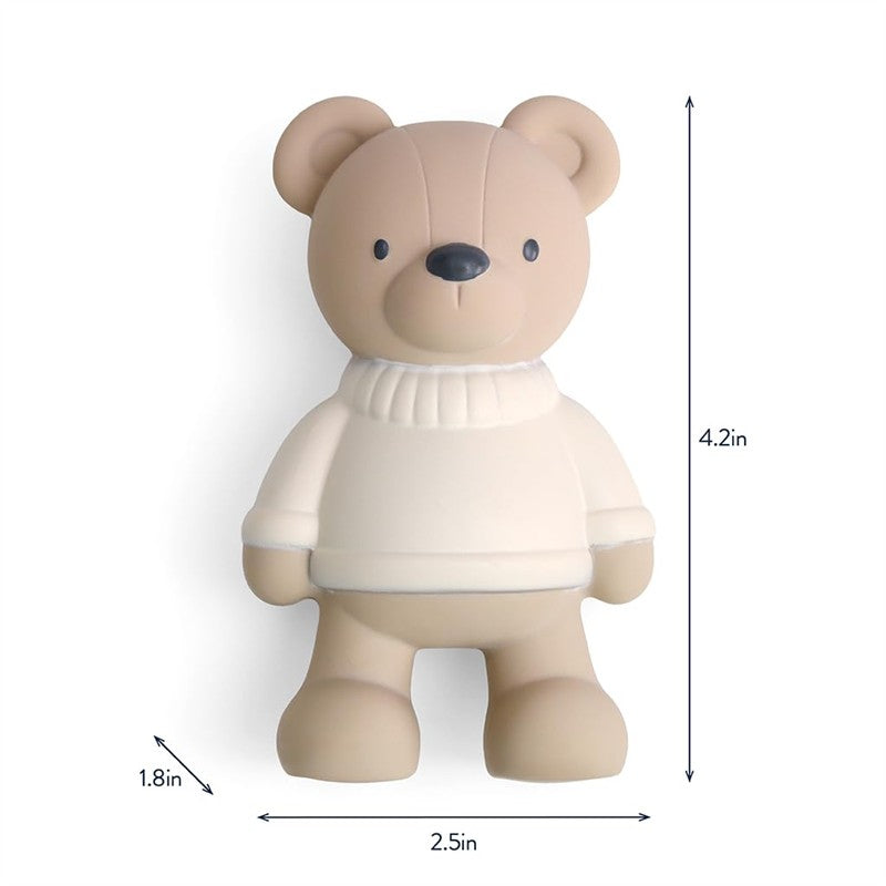 Natural rubber bear teether wearing a white sweater, measuring 4.2 inches tall, 2.5 inches wide, and 1.8 inches deep.