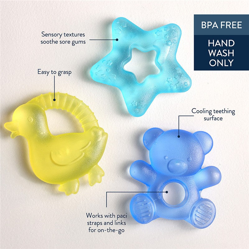 Three colorful teething toys in shapes of a duck, star, and bear, featuring sensory textures and BPA-free material.