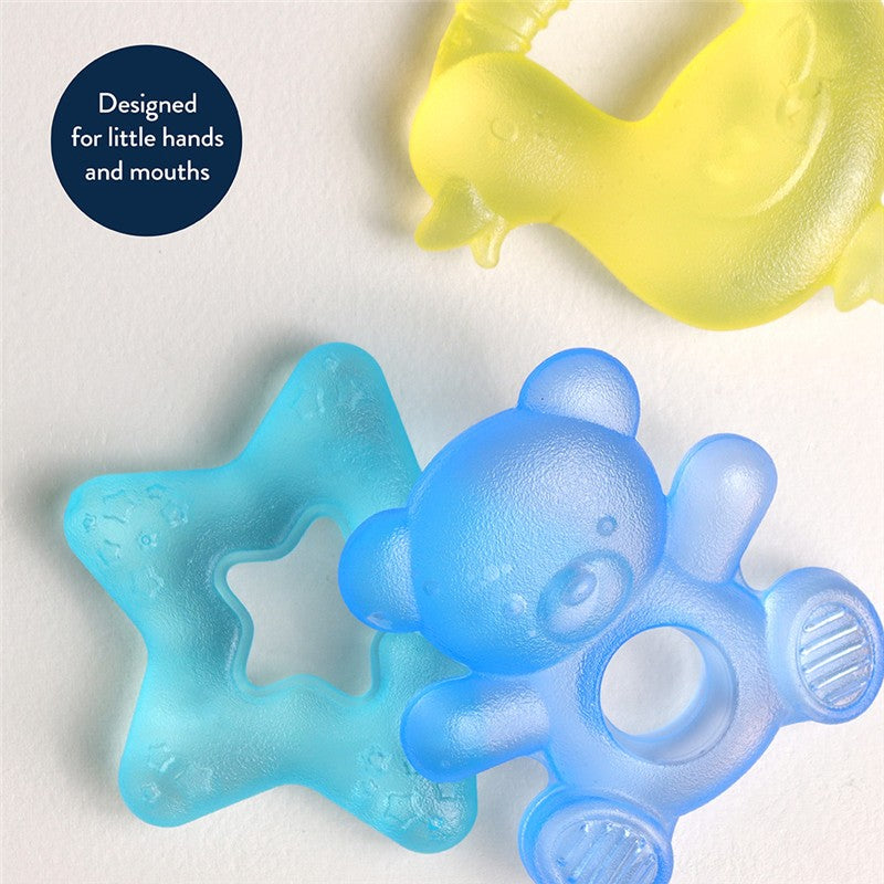 Three water-filled teethers in bear, star, and duck shapes, designed for babies to soothe gums.
