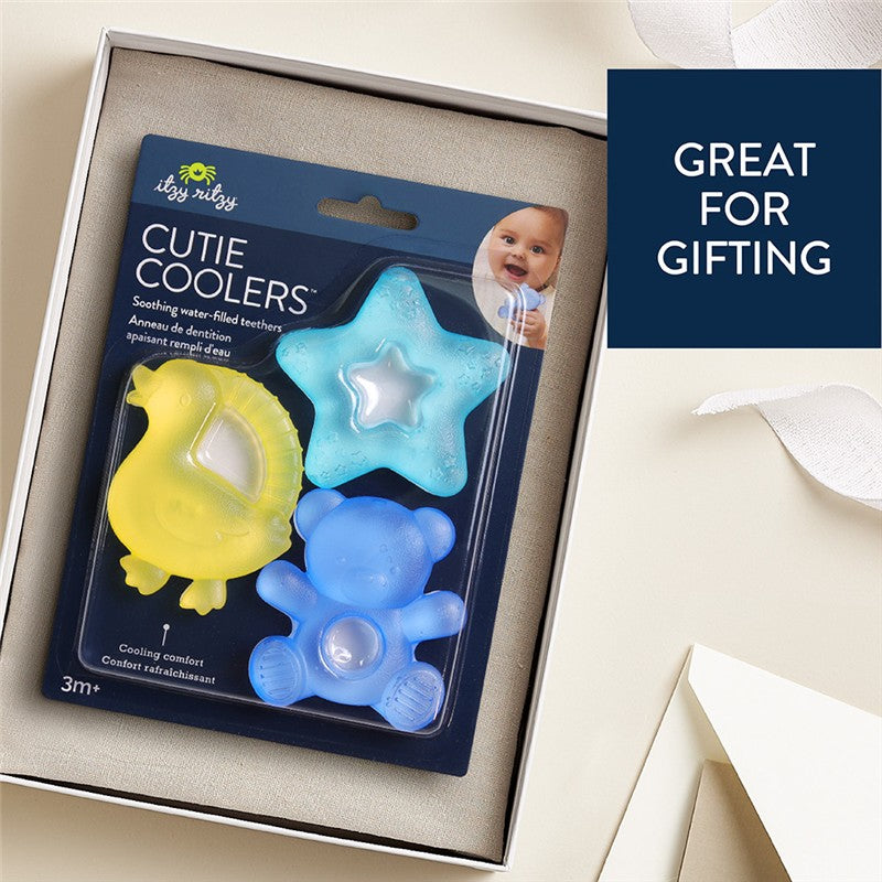 Three colorful water-filled teething toys: a yellow duck, a blue star, and a blue bear, packaged with gifting text.