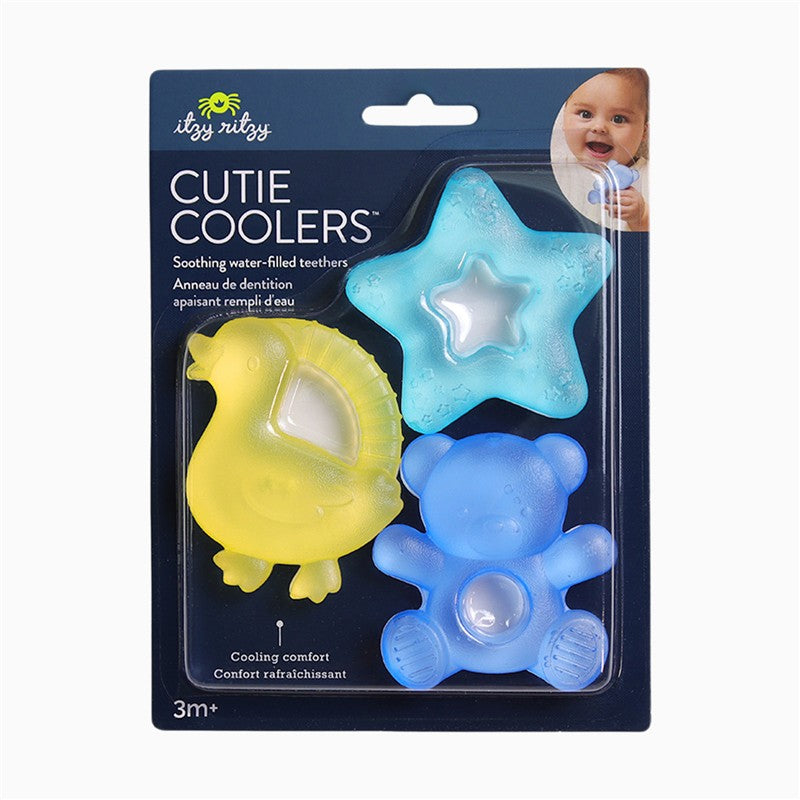 Soothing water-filled teether toys in a 3-pack featuring a bear, star, and duck, suitable for infants 3 months and older.