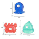 Three water-filled teething toys: a blue octopus, a red crab, and a green boat, each with different shapes and sizes.