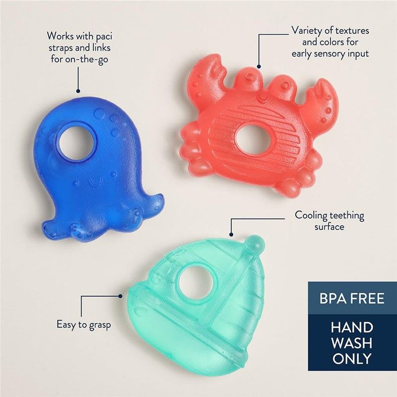 Nautical-themed teething toys featuring an octopus, crab, and sailboat, showcasing vibrant colors and textures.