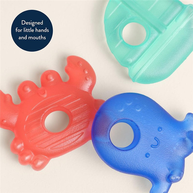 Three colorful water-filled teething toys in nautical shapes: a red crab, a blue whale, and a green boat, designed for infants.
