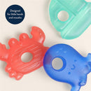Three colorful water-filled teething toys in nautical shapes: a red crab, a blue whale, and a green boat, designed for infants.