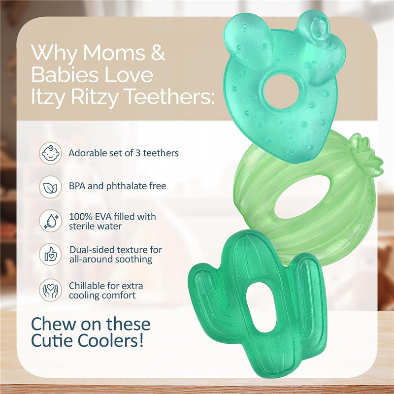 Set of three Itzy Ritzy cactus-shaped cooling teethers, BPA-free, made of 100% EVA, filled with sterile water.