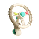 Taupe steering wheel toy with a turquoise button, colorful controls, and checkered accents, designed for children’s pretend play.