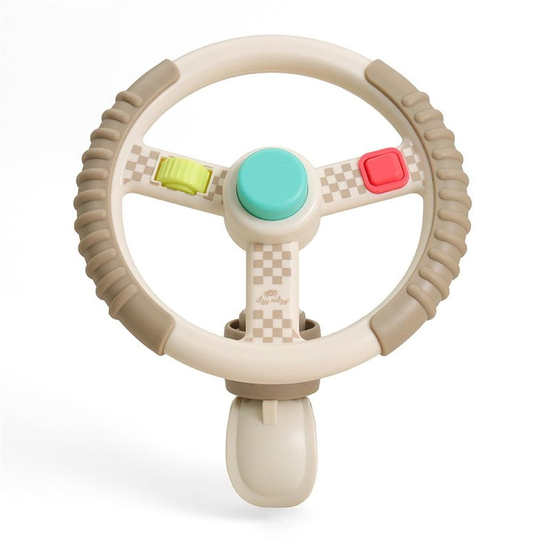 Taupe Itzy Ritzy Driver Travel Steering Wheel with colorful buttons, designed for imaginative play and travel fun.