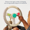 Taupe steering wheel toy with colorful buttons, designed to clamp to strollers and wagons for interactive play.