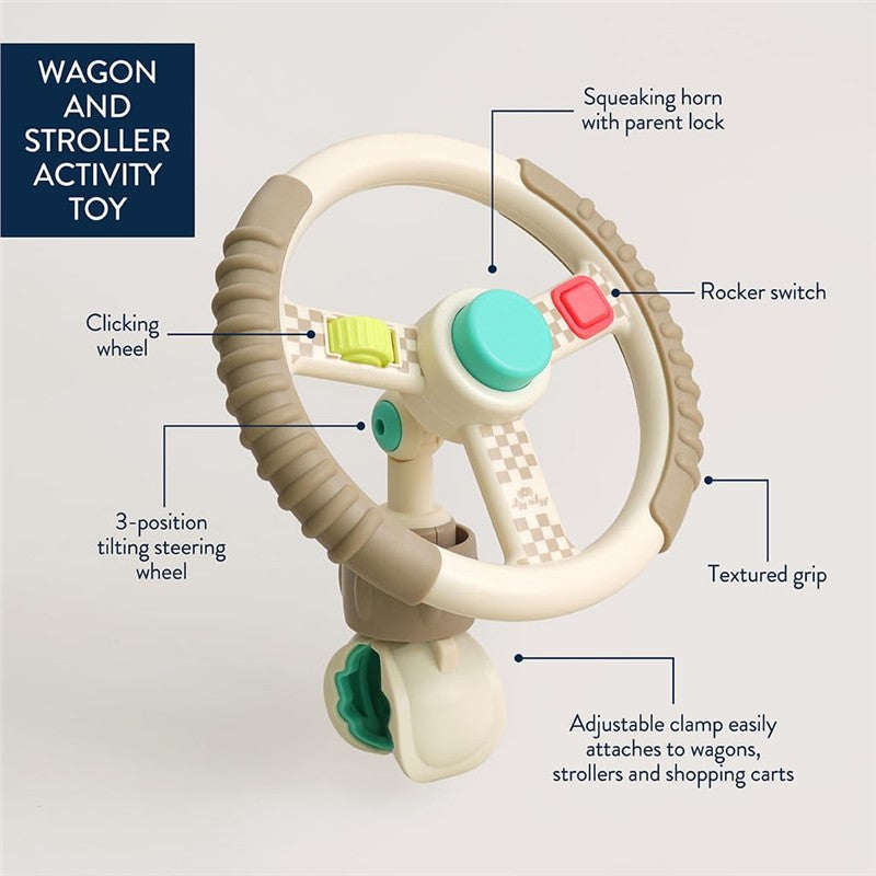 Taupe steering wheel toy for wagons and strollers, featuring a clicking wheel, squeaking horn, and adjustable clamp.