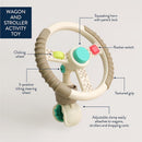 Taupe steering wheel toy for wagons and strollers, featuring a clicking wheel, squeaking horn, and adjustable clamp.